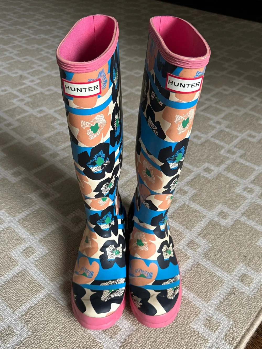 Hunter Original Tall Floral Print Rain Boots Waterproof Pink Blue Women’s US 7